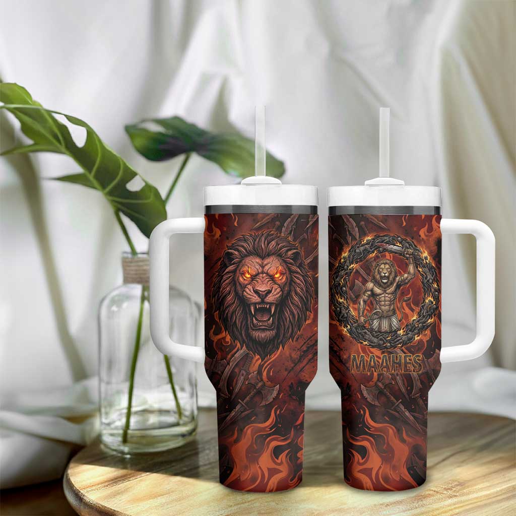 Maahes Tumbler With Handle Ancient Egyptian Fiery Red Flame - Roaring Lion Head - African Pride