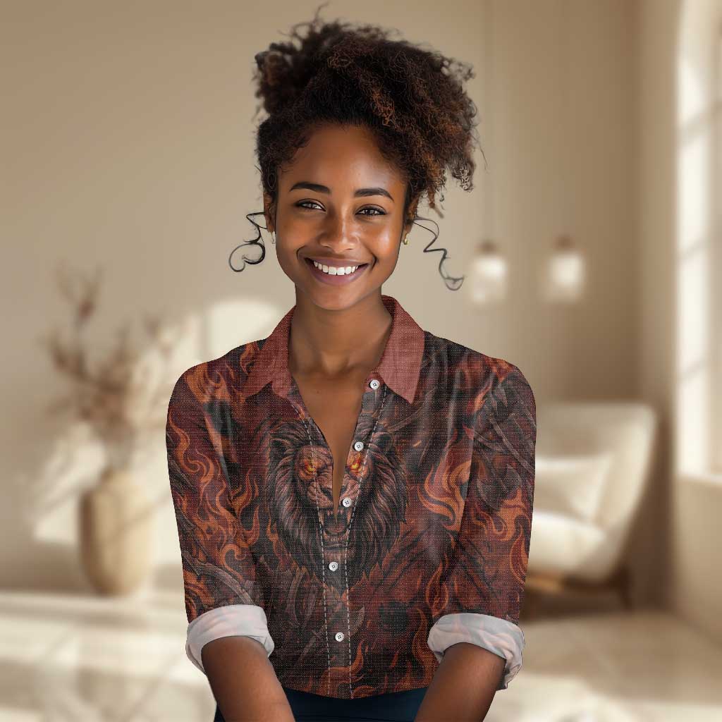 Maahes Women Casual Shirt Ancient Egyptian Fiery Red Flame - Roaring Lion Head - African Pride