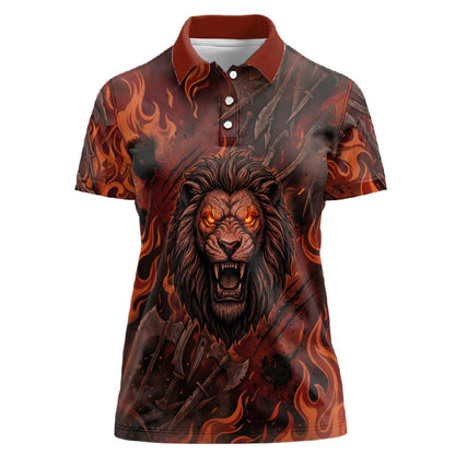 Maahes Women Polo Shirt Ancient Egyptian Fiery Red Flame - Roaring Lion Head - African Pride