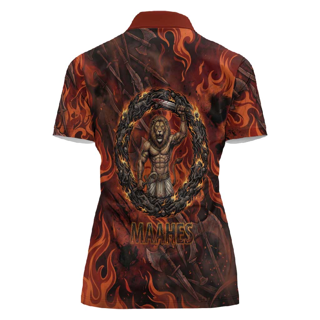 Maahes Women Polo Shirt Ancient Egyptian Fiery Red Flame - Roaring Lion Head - African Pride