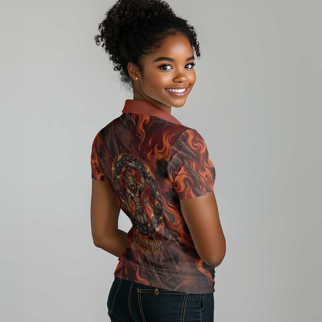 Maahes Women Polo Shirt Ancient Egyptian Fiery Red Flame - Roaring Lion Head - African Pride