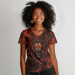 Maahes Women V-Neck T-Shirt Ancient Egyptian Fiery Red Flame - Roaring Lion Head - African Pride