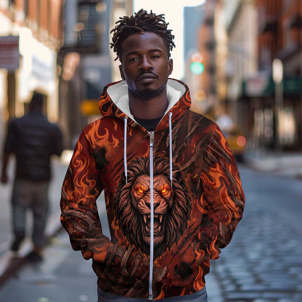 Maahes Zip Hoodie Ancient Egyptian Fiery Red Flame - Roaring Lion Head - African Pride