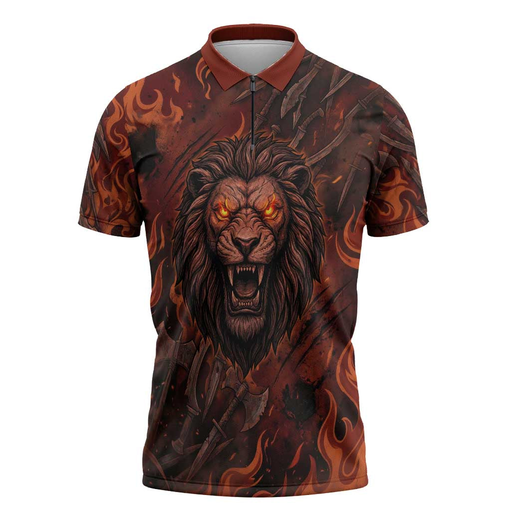 Maahes Zipper Polo Shirt Ancient Egyptian Fiery Red Flame - Roaring Lion Head - African Pride