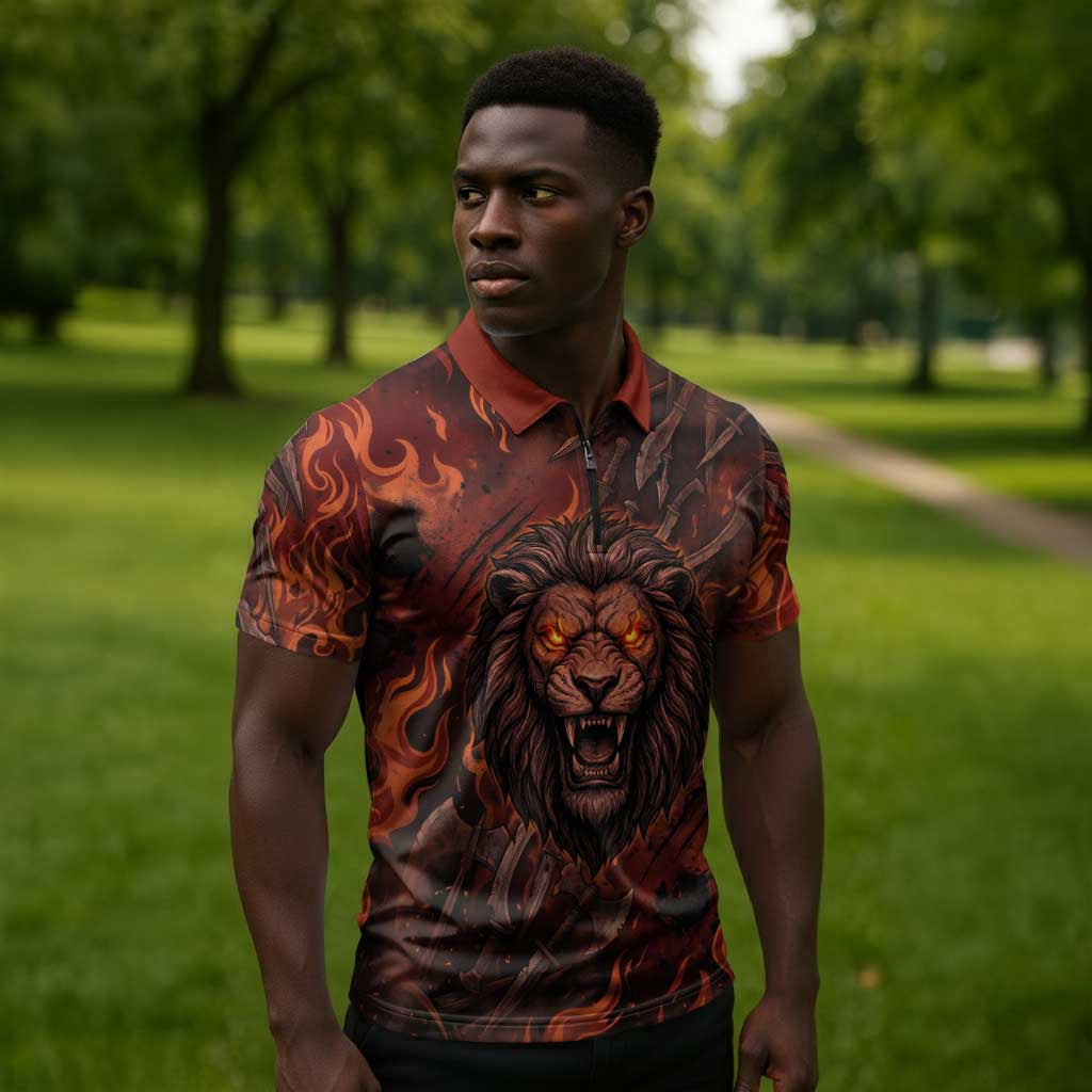 Maahes Zipper Polo Shirt Ancient Egyptian Fiery Red Flame - Roaring Lion Head - African Pride