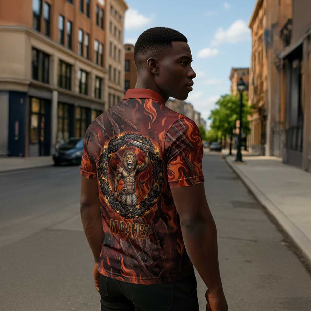 Maahes Zipper Polo Shirt Ancient Egyptian Fiery Red Flame - Roaring Lion Head - African Pride