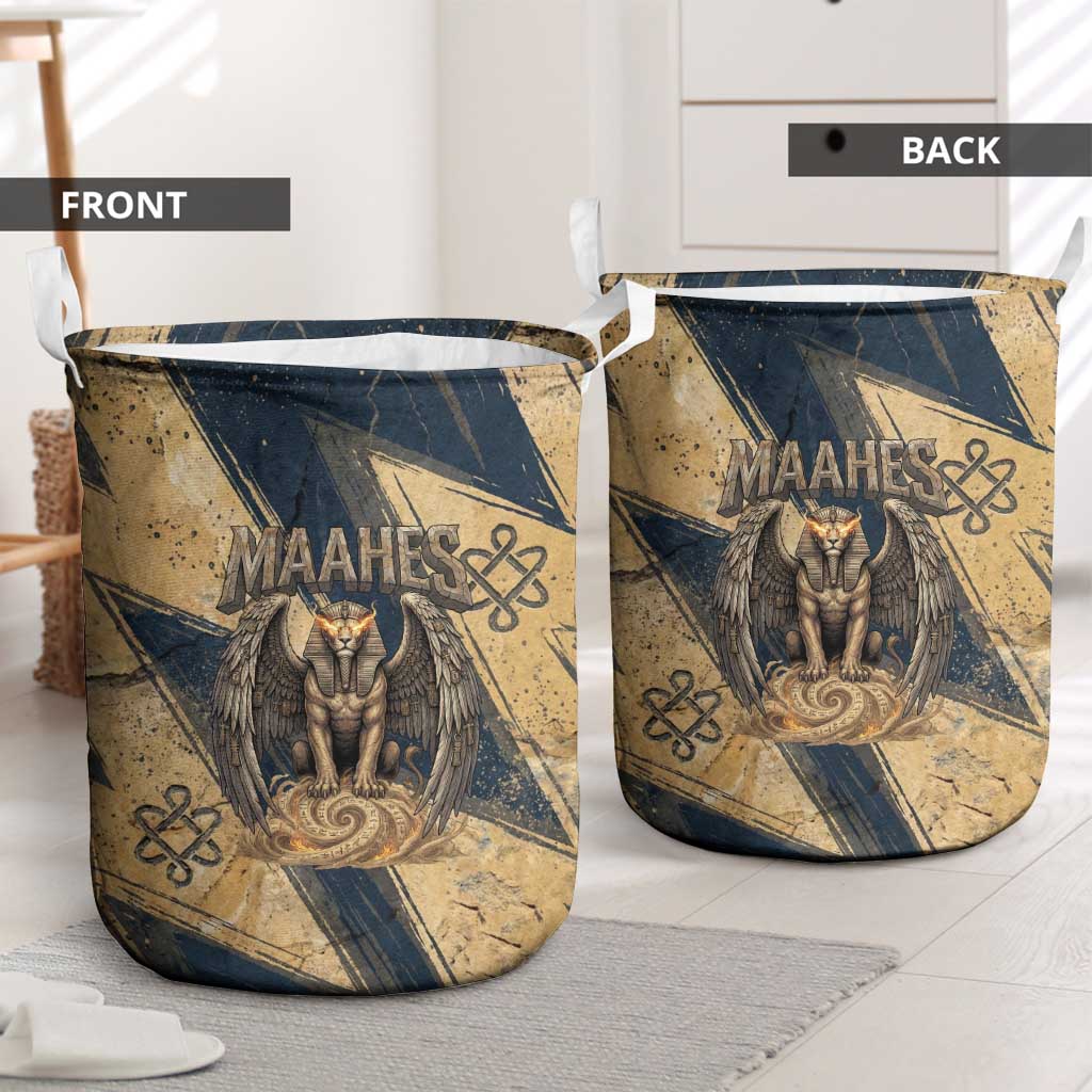 Maahes Ancient Egyptian Laundry Basket Geometric Pattern Winged Lion Deity, and Sacred Lotus Motif - African Pride