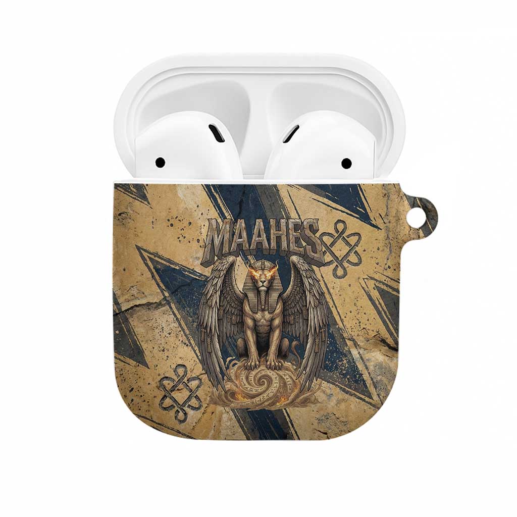 Maahes Ancient Egyptian AirPods Case Geometric Pattern Winged Lion Deity, and Sacred Lotus Motif - African Pride