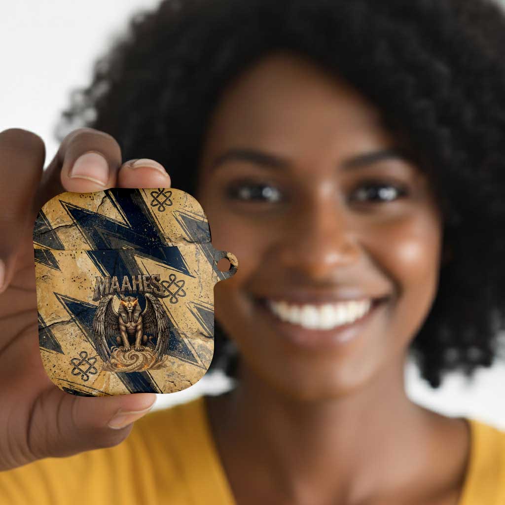 Maahes Ancient Egyptian AirPods Case Geometric Pattern Winged Lion Deity, and Sacred Lotus Motif - African Pride