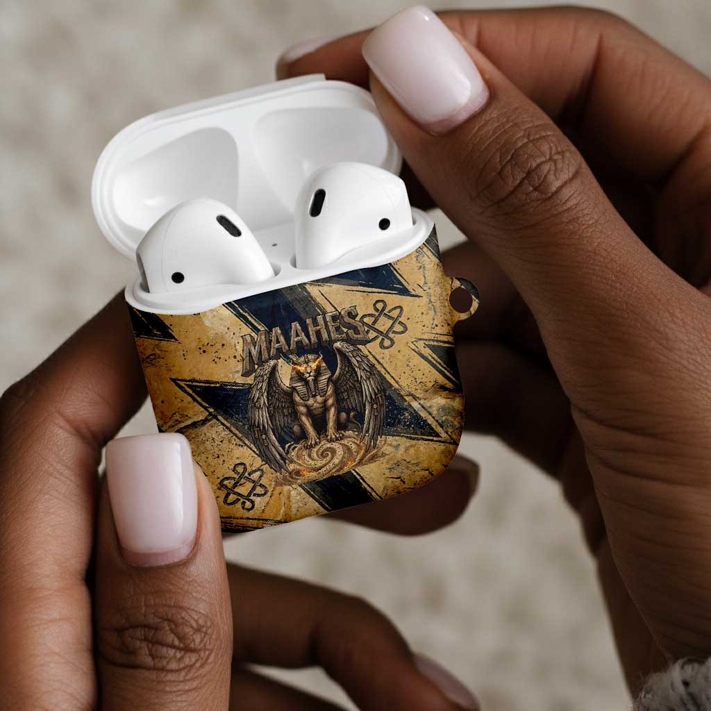 Maahes Ancient Egyptian AirPods Case Geometric Pattern Winged Lion Deity, and Sacred Lotus Motif - African Pride