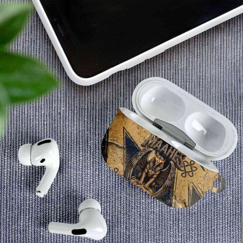 Maahes Ancient Egyptian AirPods Case Geometric Pattern Winged Lion Deity, and Sacred Lotus Motif - African Pride