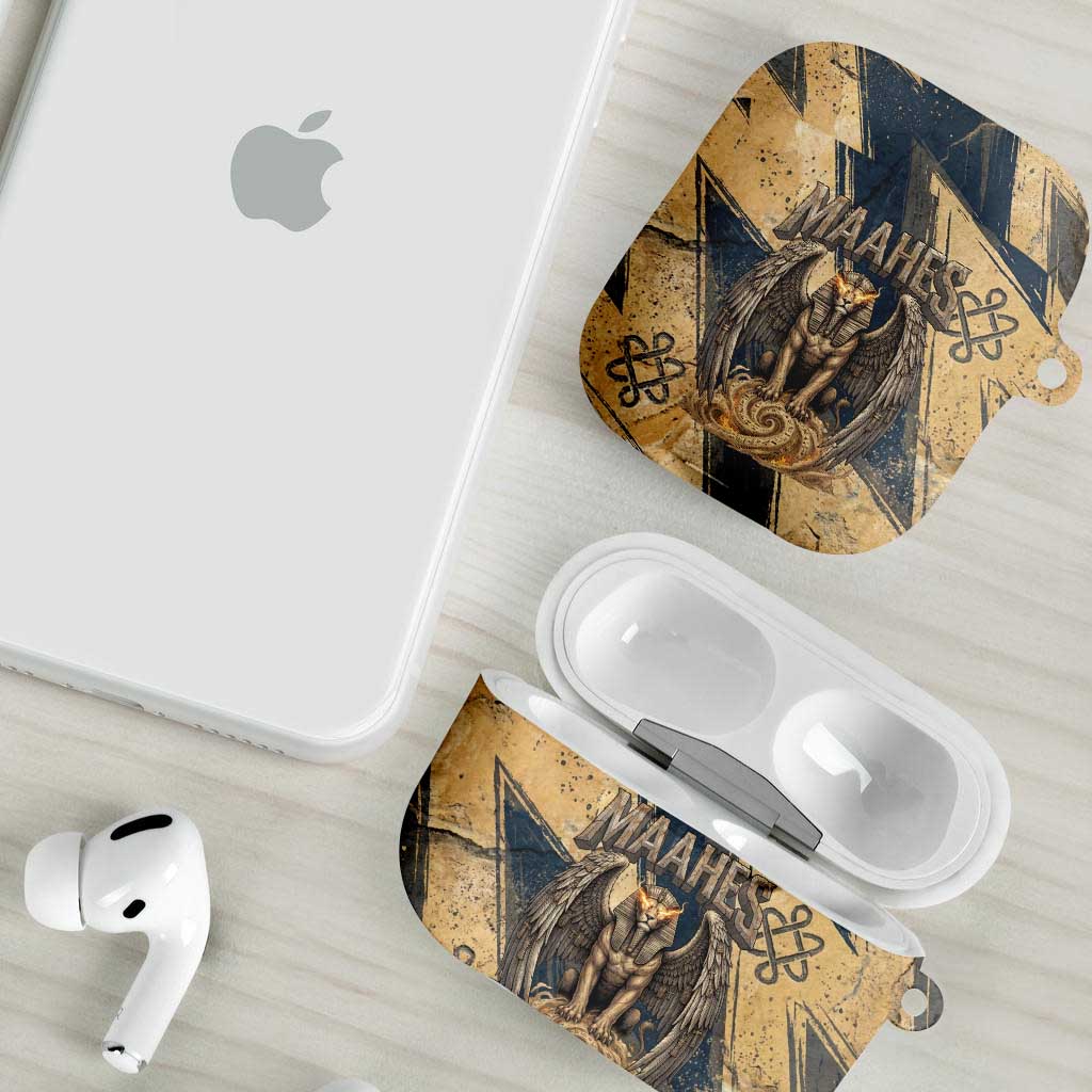 Maahes Ancient Egyptian AirPods Case Geometric Pattern Winged Lion Deity, and Sacred Lotus Motif - African Pride