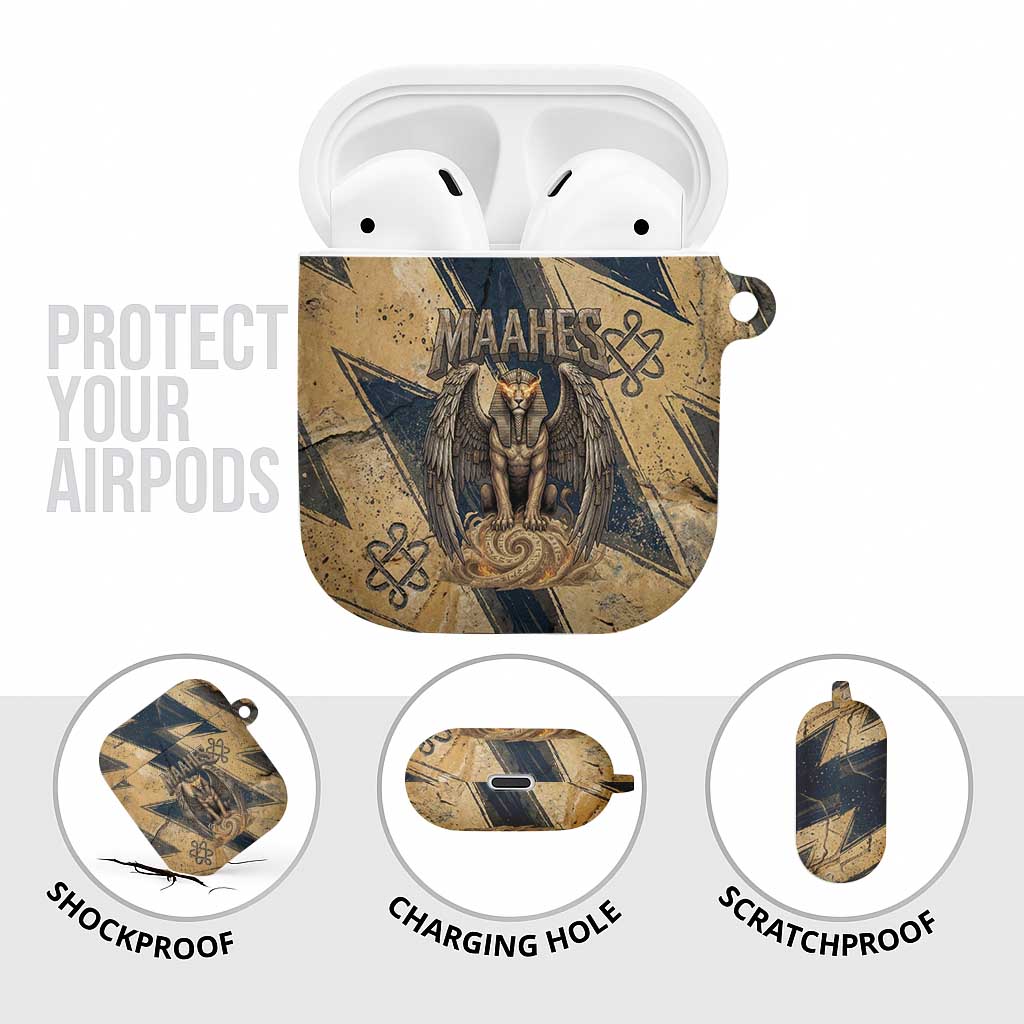 Maahes Ancient Egyptian AirPods Case Geometric Pattern Winged Lion Deity, and Sacred Lotus Motif - African Pride