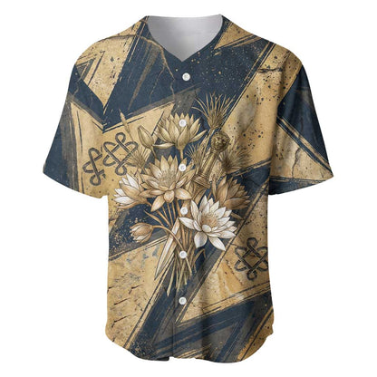Maahes Ancient Egyptian Baseball Jersey Geometric Pattern Winged Lion Deity, and Sacred Lotus Motif - African Pride