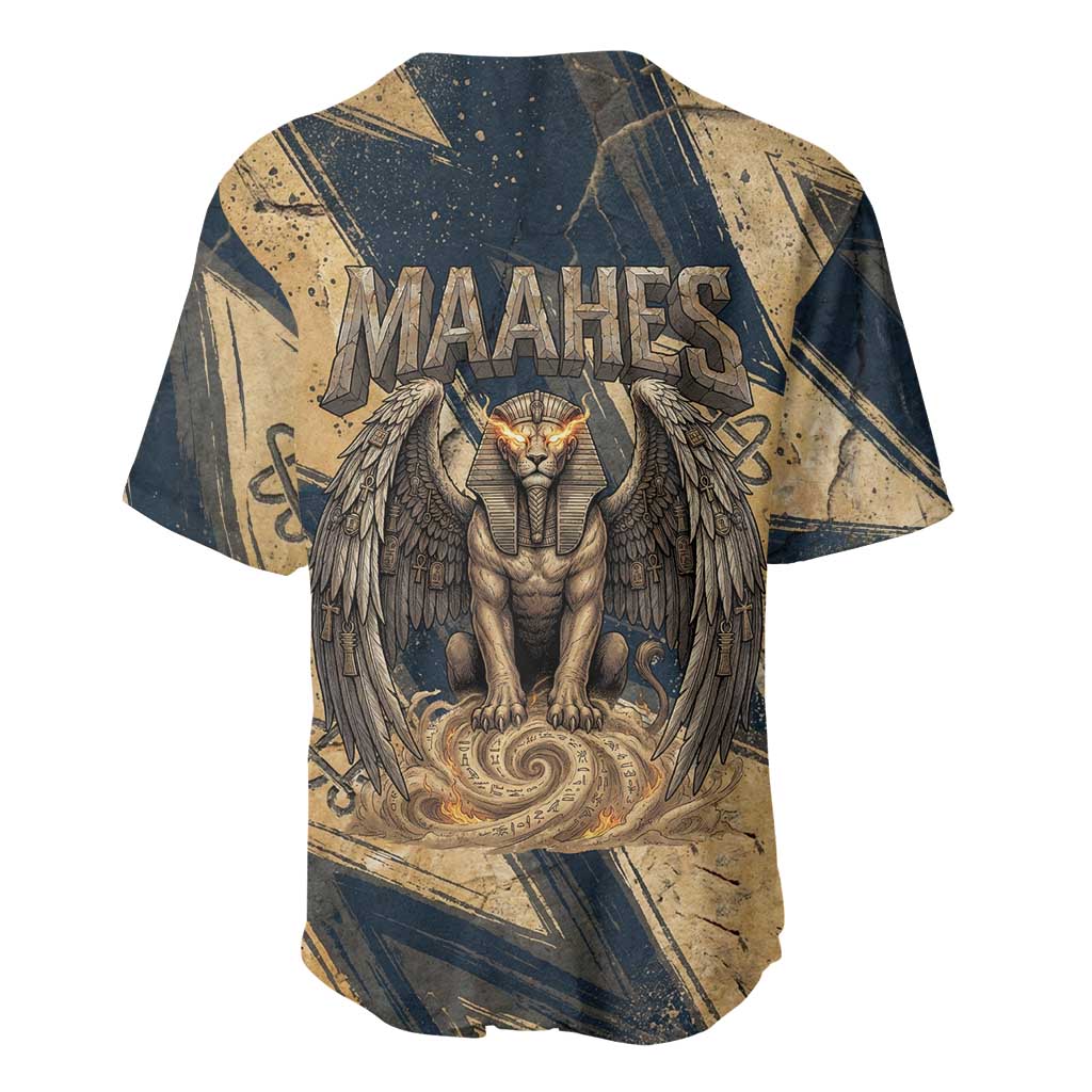 Maahes Ancient Egyptian Baseball Jersey Geometric Pattern Winged Lion Deity, and Sacred Lotus Motif - African Pride