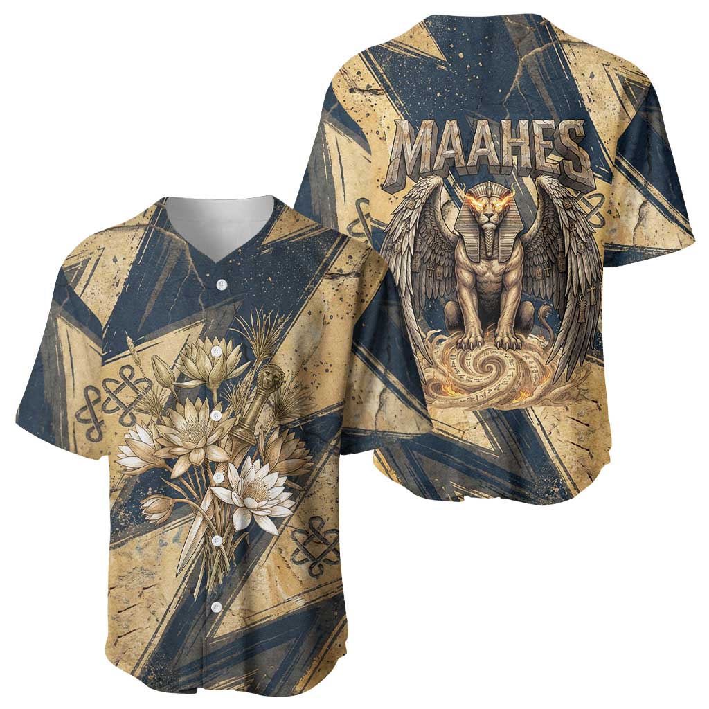 Maahes Ancient Egyptian Baseball Jersey Geometric Pattern Winged Lion Deity, and Sacred Lotus Motif - African Pride