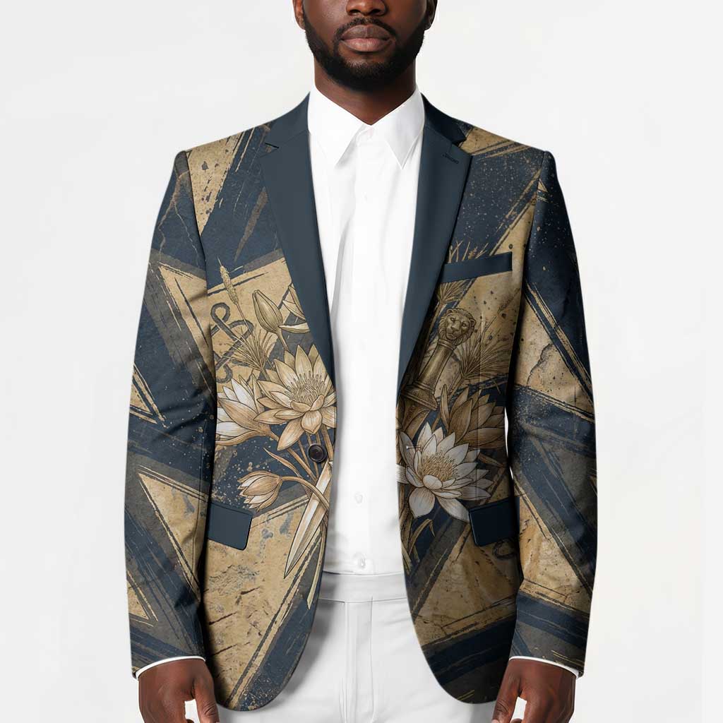 Maahes Ancient Egyptian Blazer Geometric Pattern Winged Lion Deity, and Sacred Lotus Motif - African Pride