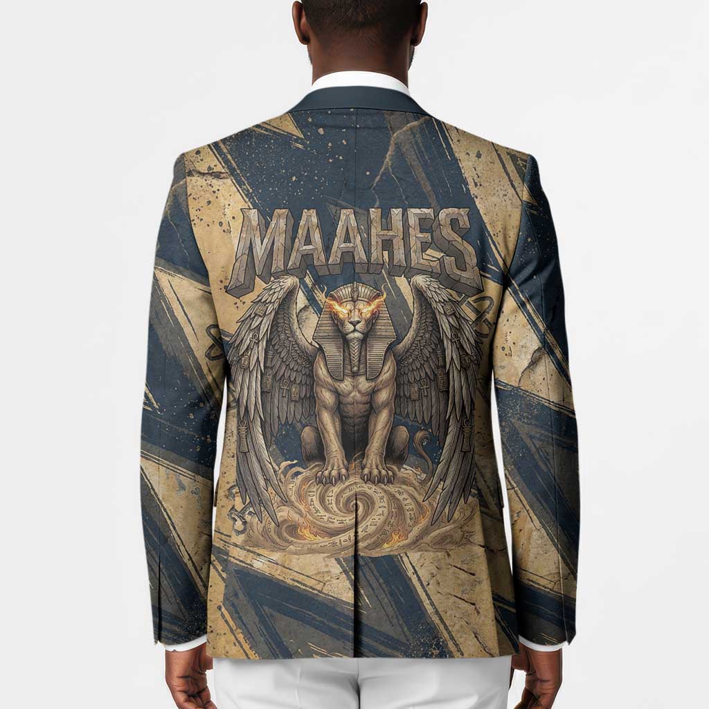 Maahes Ancient Egyptian Blazer Geometric Pattern Winged Lion Deity, and Sacred Lotus Motif - African Pride