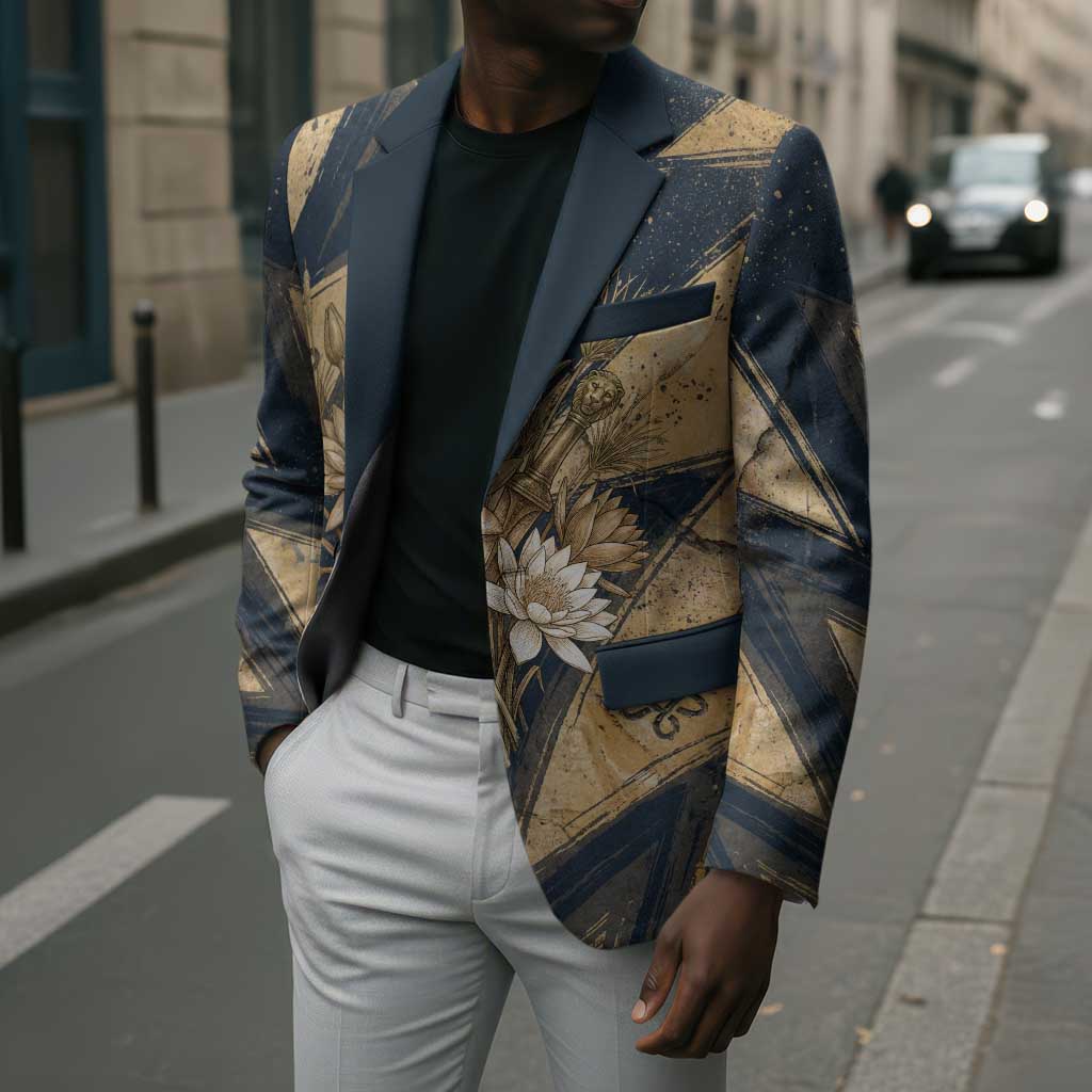 Maahes Ancient Egyptian Blazer Geometric Pattern Winged Lion Deity, and Sacred Lotus Motif - African Pride