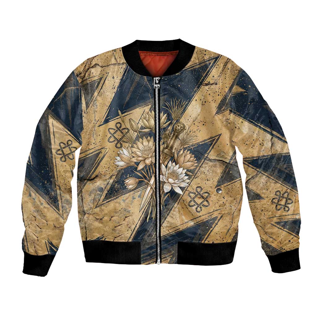 Maahes Ancient Egyptian Bomber Jacket Geometric Pattern Winged Lion Deity, and Sacred Lotus Motif - African Pride