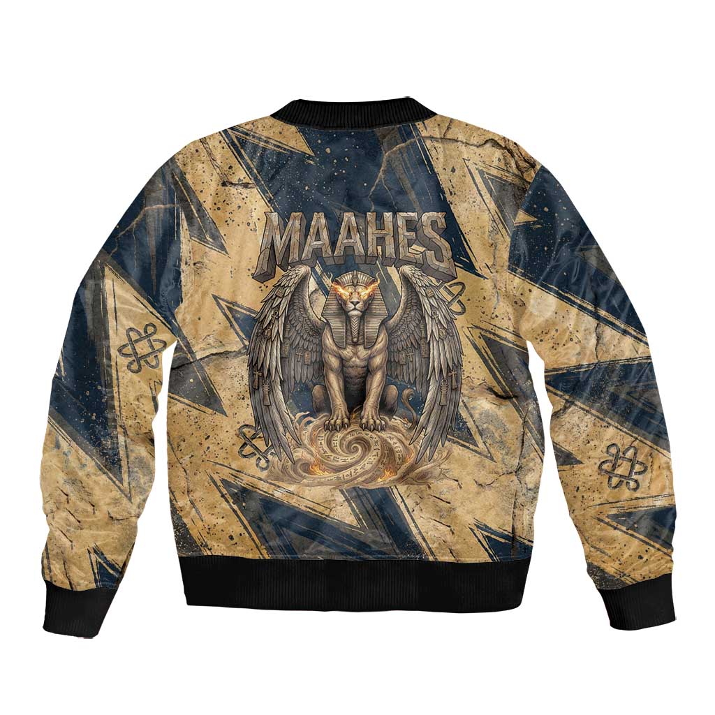 Maahes Ancient Egyptian Bomber Jacket Geometric Pattern Winged Lion Deity, and Sacred Lotus Motif - African Pride