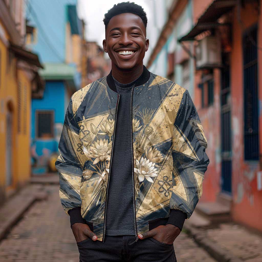Maahes Ancient Egyptian Bomber Jacket Geometric Pattern Winged Lion Deity, and Sacred Lotus Motif - African Pride