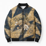 Maahes Ancient Egyptian Bomber Puffer Jacket Geometric Pattern Winged Lion Deity, and Sacred Lotus Motif - African Pride