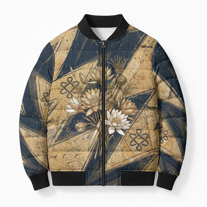 Maahes Ancient Egyptian Bomber Puffer Jacket Geometric Pattern Winged Lion Deity, and Sacred Lotus Motif - African Pride