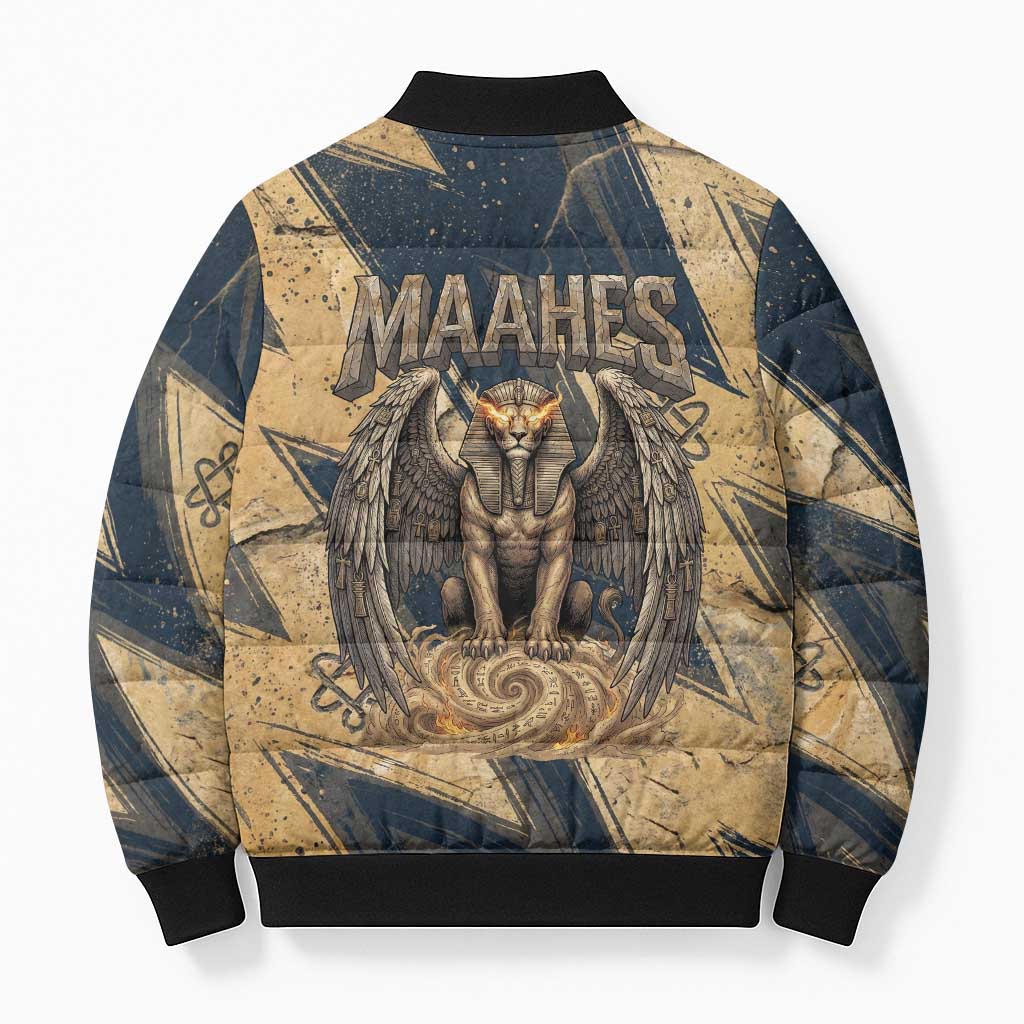 Maahes Ancient Egyptian Bomber Puffer Jacket Geometric Pattern Winged Lion Deity, and Sacred Lotus Motif - African Pride