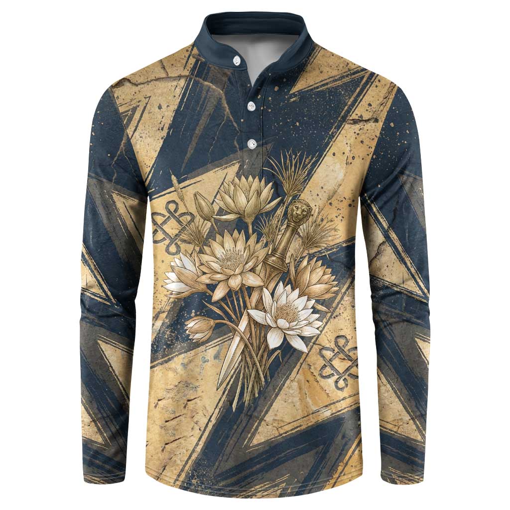 Maahes Ancient Egyptian Button Sweatshirt Geometric Pattern Winged Lion Deity, and Sacred Lotus Motif