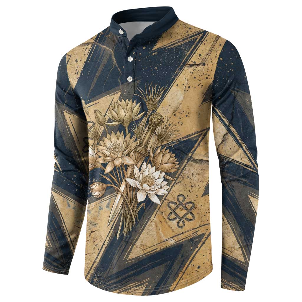 Maahes Ancient Egyptian Button Sweatshirt Geometric Pattern Winged Lion Deity, and Sacred Lotus Motif