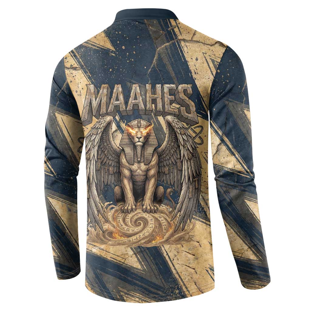 Maahes Ancient Egyptian Button Sweatshirt Geometric Pattern Winged Lion Deity, and Sacred Lotus Motif