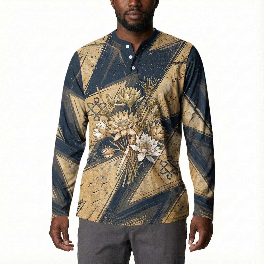 Maahes Ancient Egyptian Button Sweatshirt Geometric Pattern Winged Lion Deity, and Sacred Lotus Motif