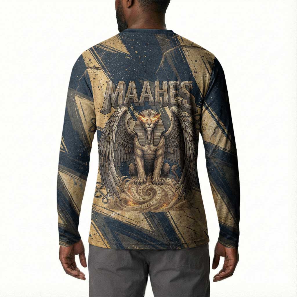 Maahes Ancient Egyptian Button Sweatshirt Geometric Pattern Winged Lion Deity, and Sacred Lotus Motif