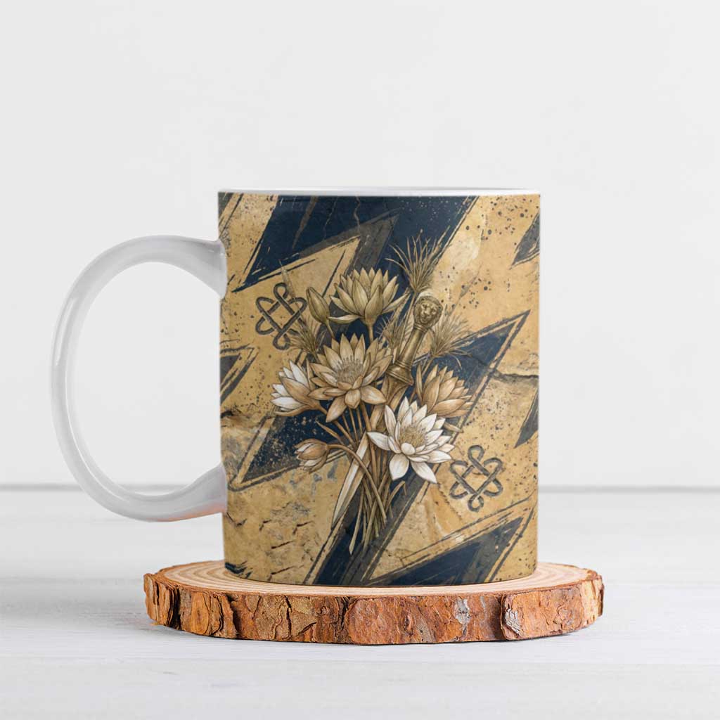 Maahes Ancient Egyptian Ceramic Mug Geometric Pattern Winged Lion Deity, and Sacred Lotus Motif - African Pride