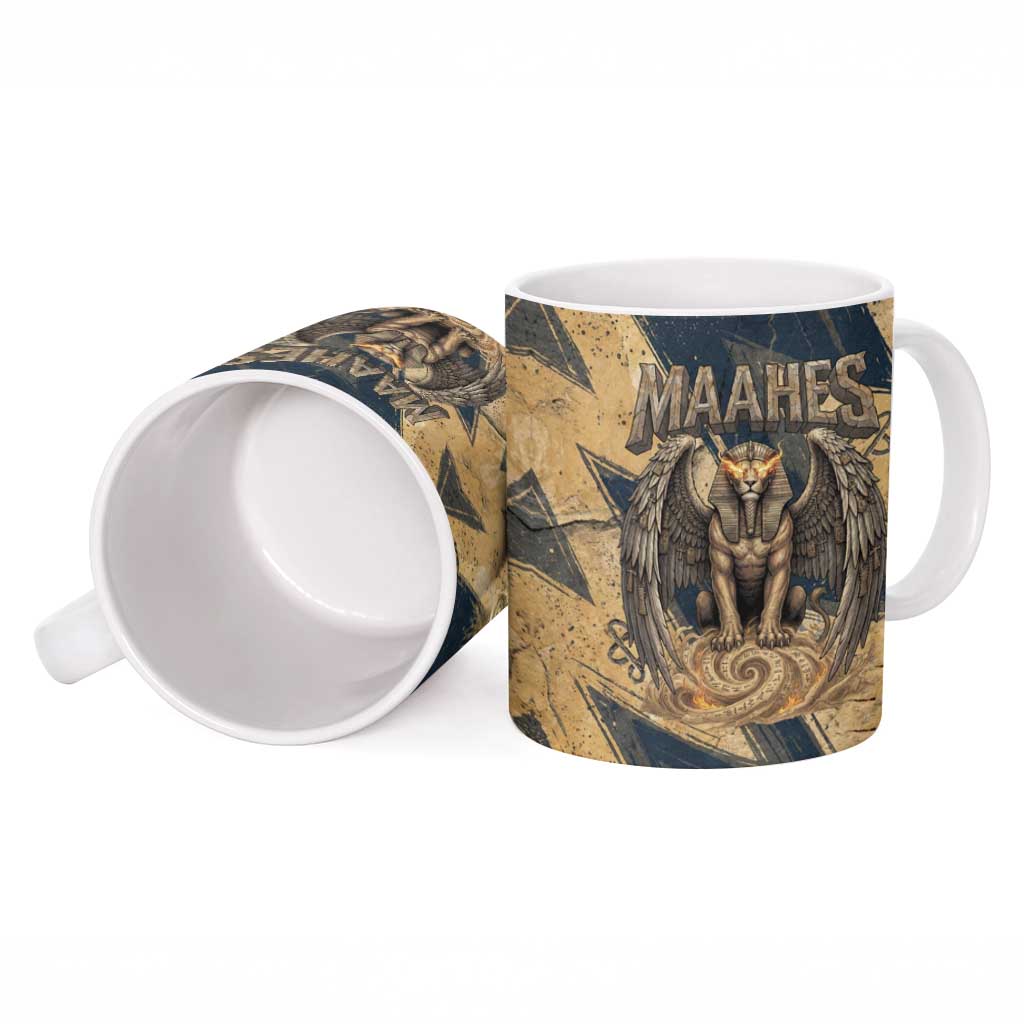 Maahes Ancient Egyptian Ceramic Mug Geometric Pattern Winged Lion Deity, and Sacred Lotus Motif - African Pride