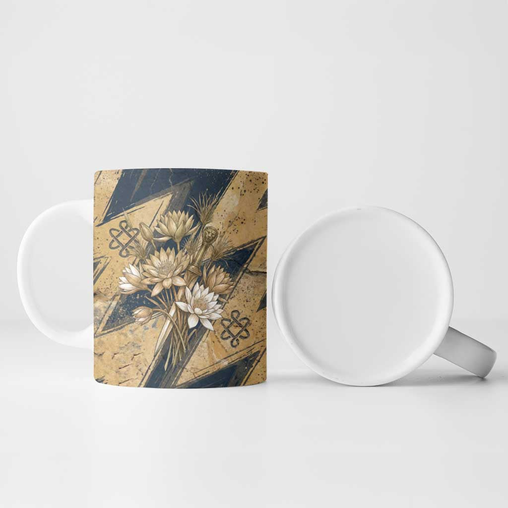 Maahes Ancient Egyptian Ceramic Mug Geometric Pattern Winged Lion Deity, and Sacred Lotus Motif - African Pride