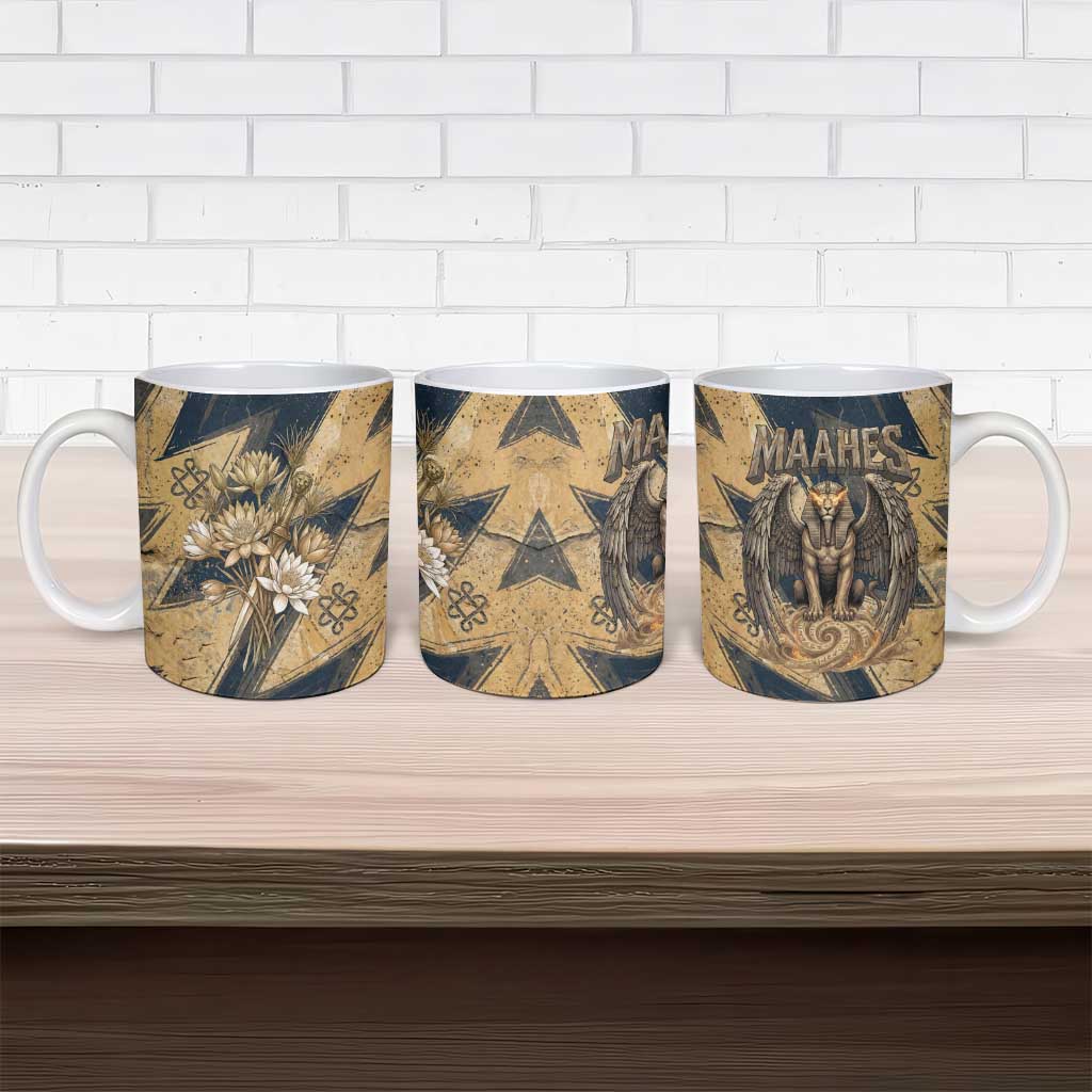 Maahes Ancient Egyptian Ceramic Mug Geometric Pattern Winged Lion Deity, and Sacred Lotus Motif - African Pride