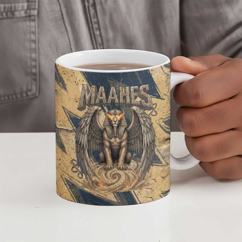Maahes Ancient Egyptian Ceramic Mug Geometric Pattern Winged Lion Deity, and Sacred Lotus Motif - African Pride