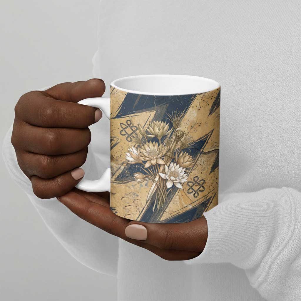 Maahes Ancient Egyptian Ceramic Mug Geometric Pattern Winged Lion Deity, and Sacred Lotus Motif - African Pride