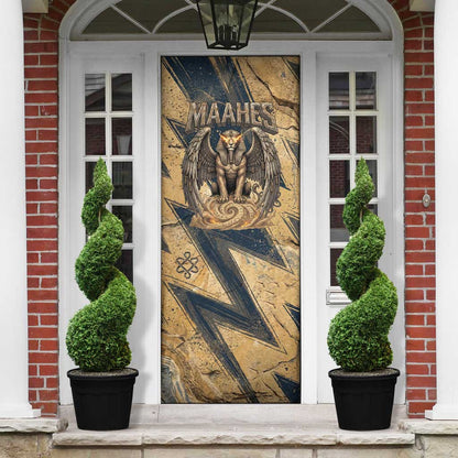 Maahes Ancient Egyptian Door Cover Geometric Pattern Winged Lion Deity, and Sacred Lotus Motif - African Pride