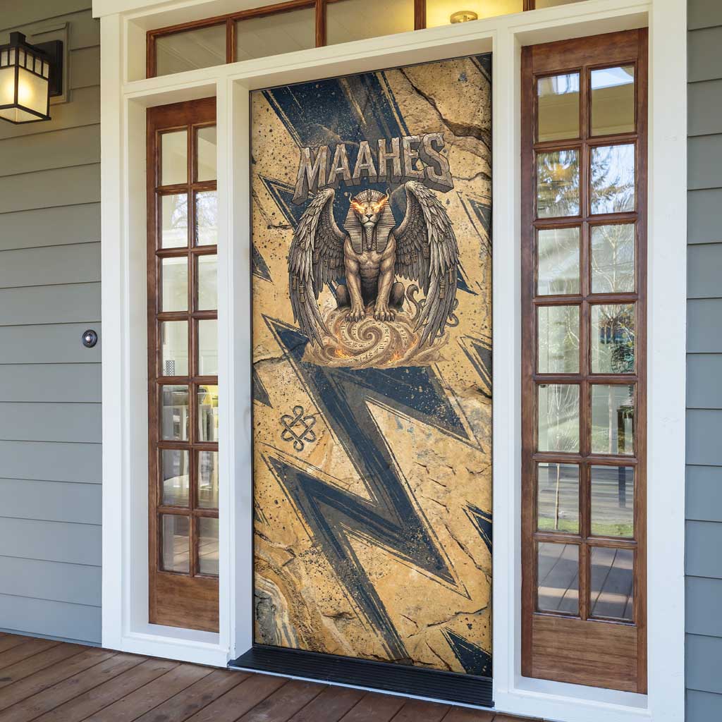 Maahes Ancient Egyptian Door Cover Geometric Pattern Winged Lion Deity, and Sacred Lotus Motif - African Pride
