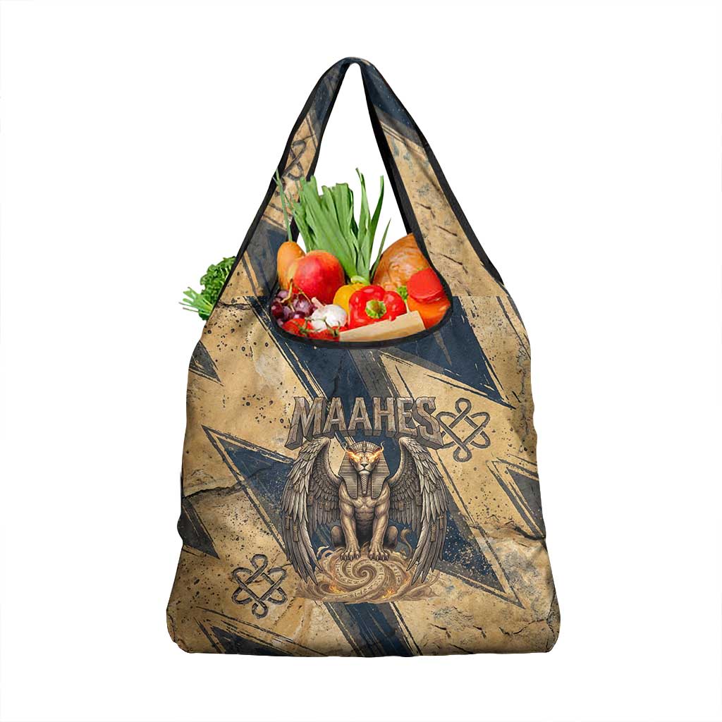 Maahes Ancient Egyptian Grocery Bag Geometric Pattern Winged Lion Deity, and Sacred Lotus Motif - African Pride