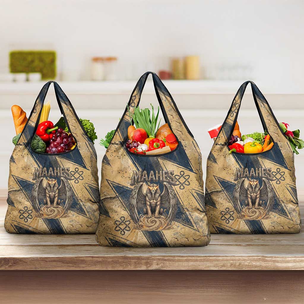 Maahes Ancient Egyptian Grocery Bag Geometric Pattern Winged Lion Deity, and Sacred Lotus Motif - African Pride