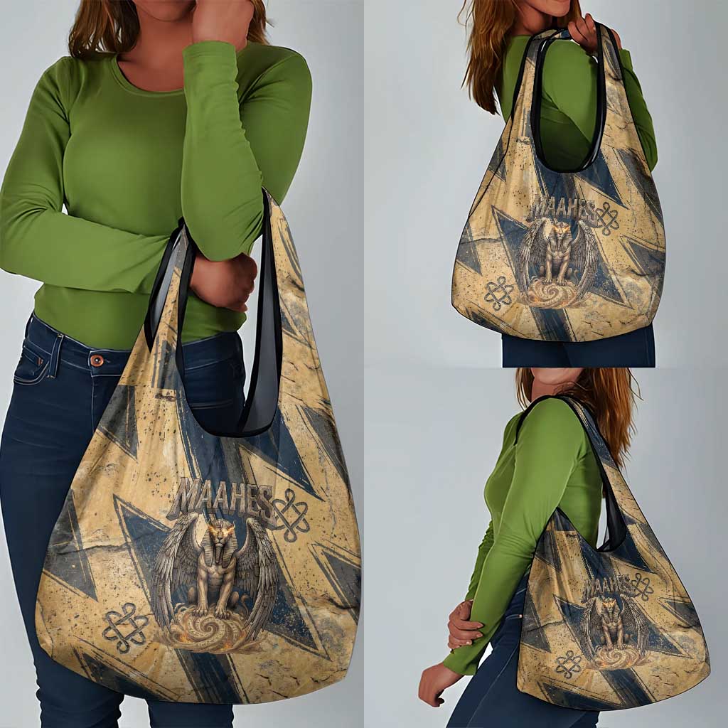 Maahes Ancient Egyptian Grocery Bag Geometric Pattern Winged Lion Deity, and Sacred Lotus Motif - African Pride