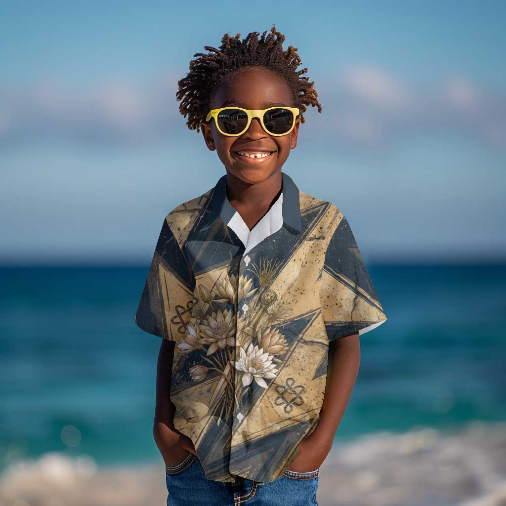 Maahes Ancient Egyptian Kid Hawaiian Shirt Geometric Pattern Winged Lion Deity, and Sacred Lotus Motif - African Pride