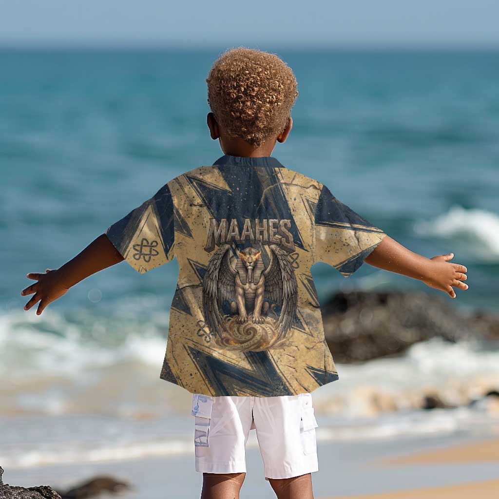 Maahes Ancient Egyptian Kid Hawaiian Shirt Geometric Pattern Winged Lion Deity, and Sacred Lotus Motif - African Pride