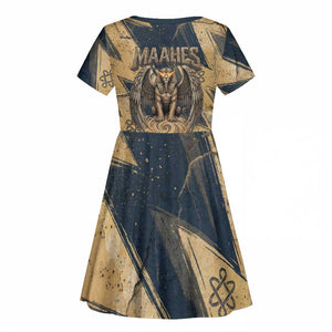 Maahes Ancient Egyptian Kid Short Sleeve Dress Geometric Pattern Winged Lion Deity, and Sacred Lotus Motif - African Pride