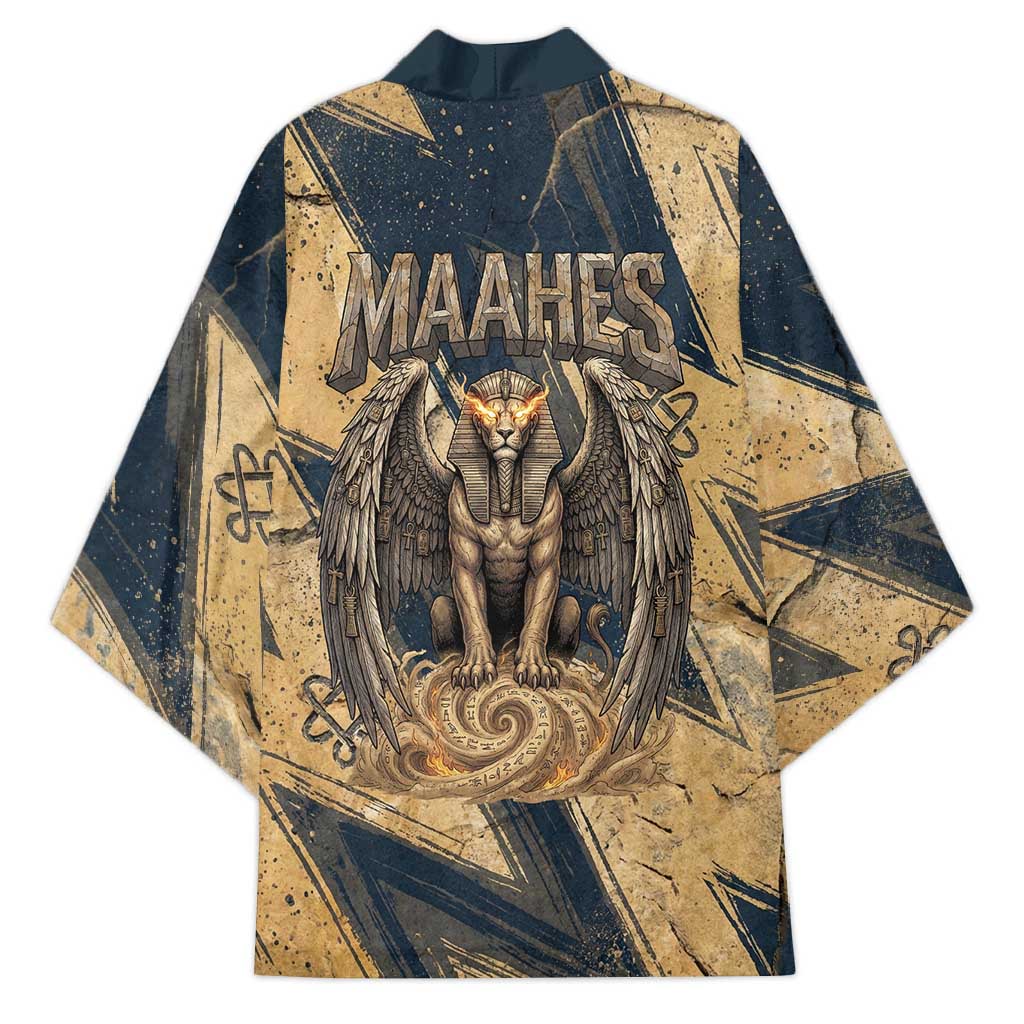 Maahes Ancient Egyptian Kimono Geometric Pattern Winged Lion Deity, and Sacred Lotus Motif - African Pride