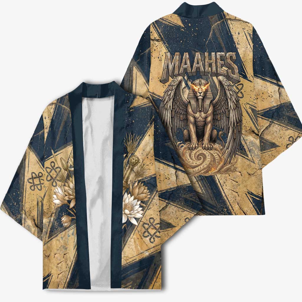 Maahes Ancient Egyptian Kimono Geometric Pattern Winged Lion Deity, and Sacred Lotus Motif - African Pride